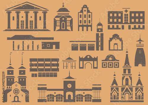 Vector set of logo, stencils and prints of city buildings. Black different public and residential houses on beige grunge background.