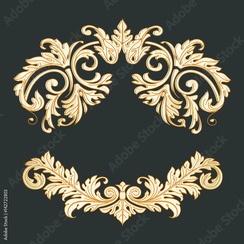 Richly decorated golden vintage baroque scroll design frame floral decoration.