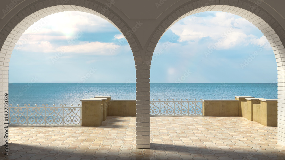 Empty classic terrace with forged iron railing and sandstone arch, sea panorama