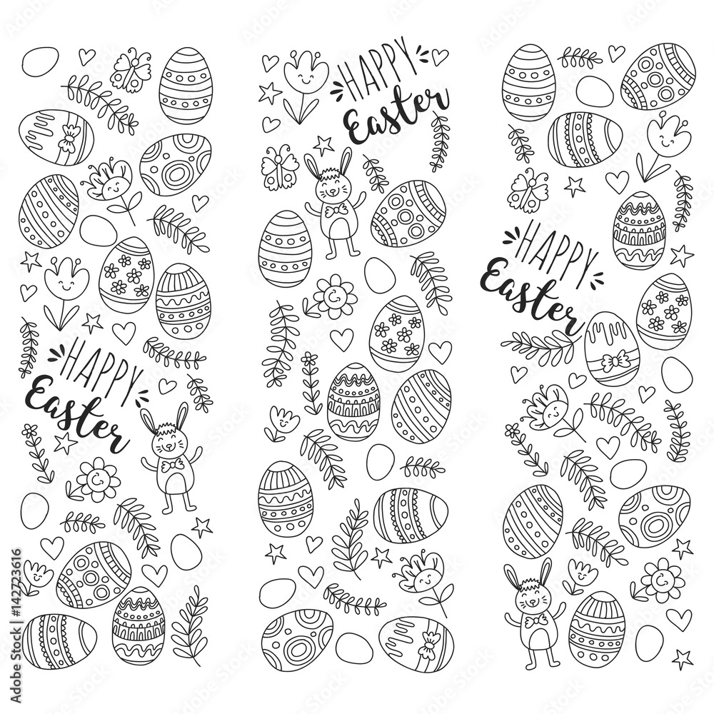 Vector pattern for Easter Eggs, flowers, bunny Happy easter pattern Coloring page Vector pattern for Easter Eggs, flowers, bunny Happy easter pattern Coloring page