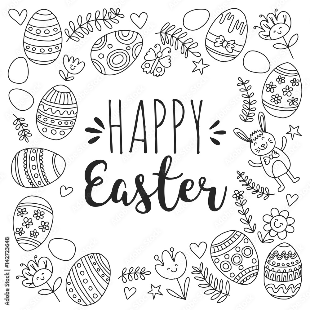Vector pattern for Easter Eggs, flowers, bunny Happy easter pattern Coloring page