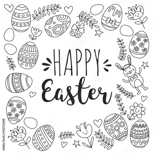 Vector pattern for Easter Eggs, flowers, bunny Happy easter pattern Coloring page