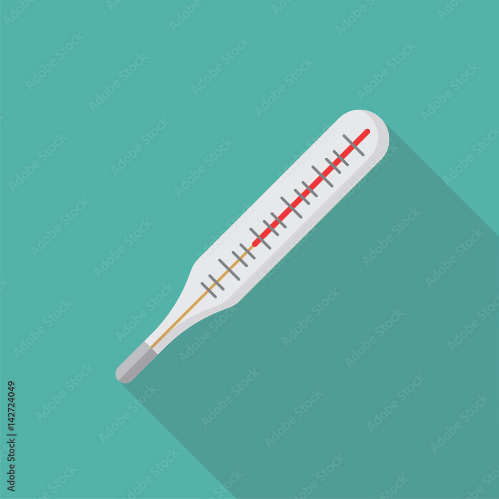 Medical thermometer flat icon with long shadow isolated on blue background. Medical devices in flat style, vector illustration. Medical thermometer flat icon with long shadow isolated on blue background. Medical devices in flat style, vector illustration.
