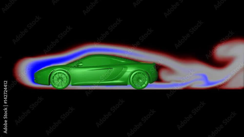 Air flow around sports car in wind tunnel with slow motion smoke following form of body . Profile side view. 3d animation simulation , art.