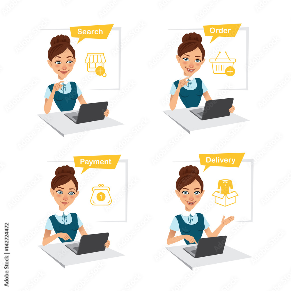 Woman buys clothes. Process of buying goods via internet. Online shopping. Search, order, payment, delivery. Woman buys clothes. Process of buying goods via internet. Online shopping. Search, order, payment, delivery.