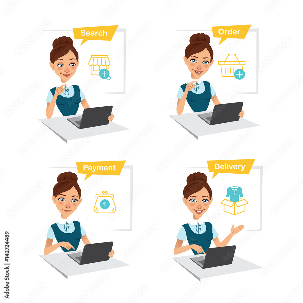 Woman buys clothes. Process of buying goods via internet. Online shopping. Search, order, payment, delivery. Woman buys clothes. Process of buying goods via internet. Online shopping. Search, order, payment, delivery.