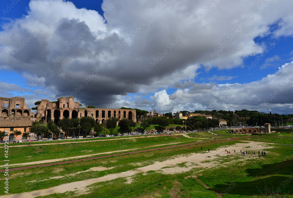 Circus Maximus and Palatine Hill imperial palace ruins panorama in Rome