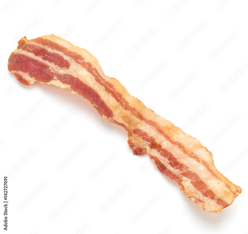 cooked crispy slice of bacon isolated on white background cooked crispy slice of bacon isolated on white background