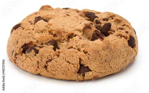 One Chocolate chip cookie isolated on white background. Sweet biscuit. Homemade pastry.