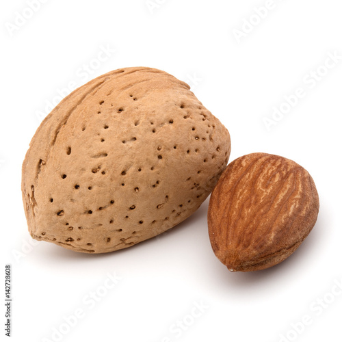 Almond nut in shell and shelled isolated on white background close up