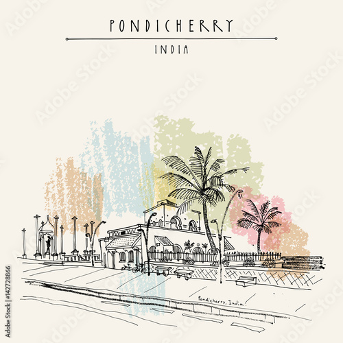 Pondicherry quay, South India. Artistic drawing. Travel sketch. Vintage hand drawn postcard photo