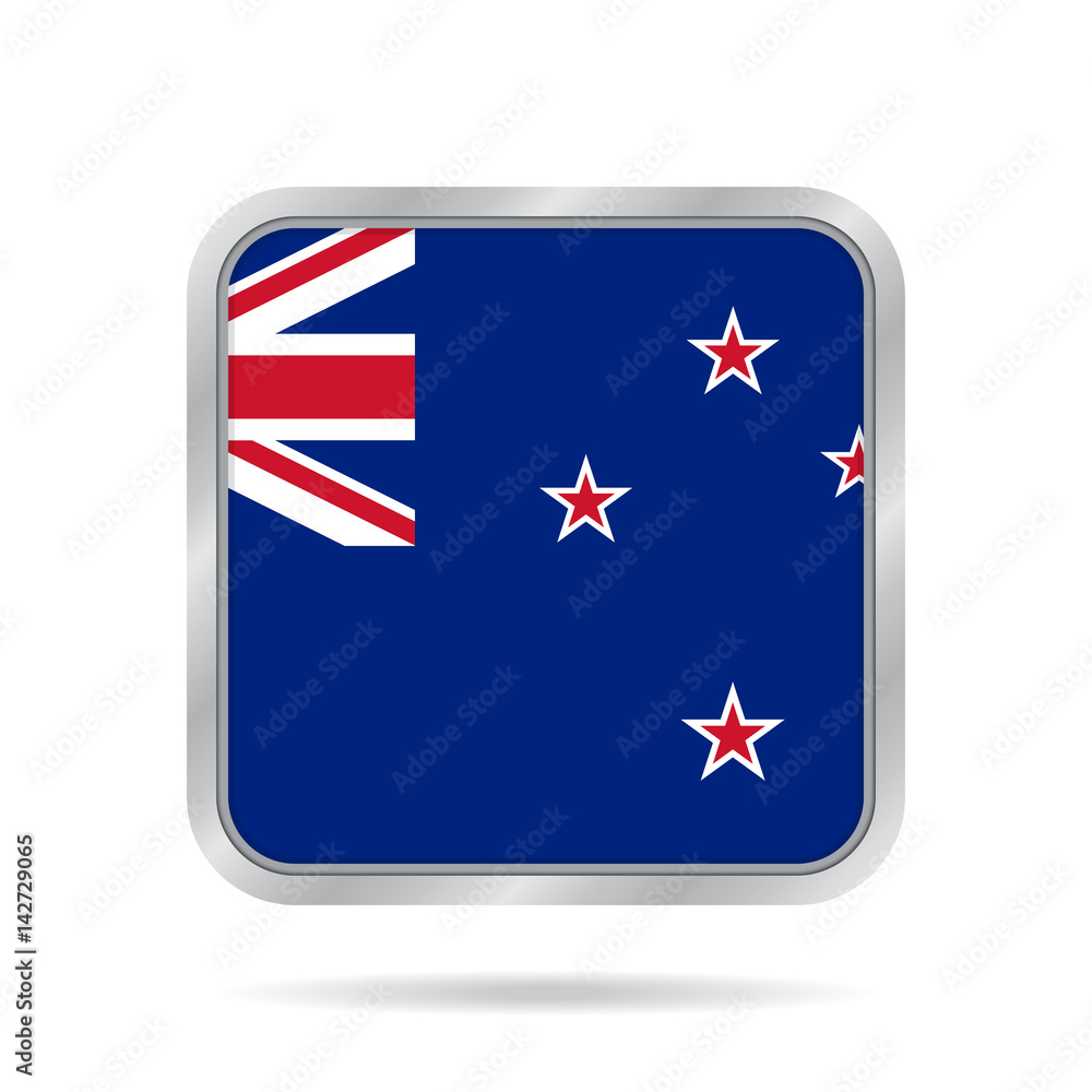 Flag of New Zealand. Metallic gray square button.