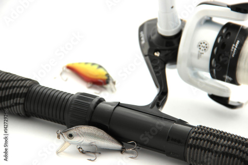 fishing tackle on a wooden table