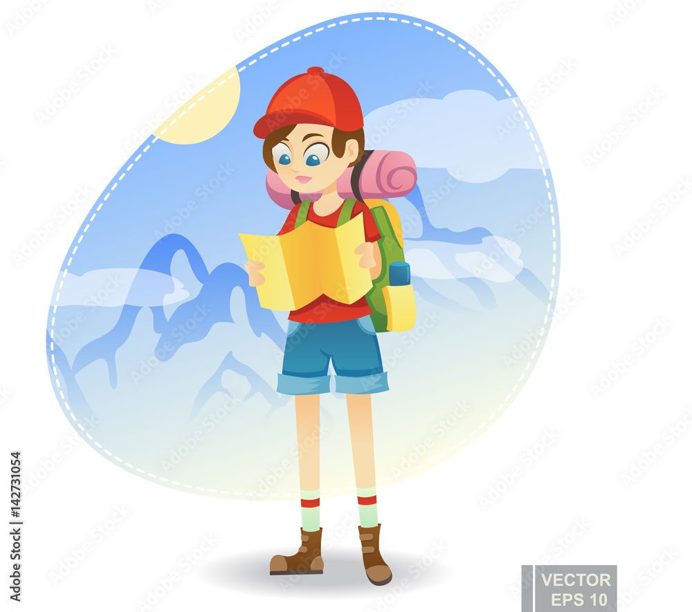 Traveling cartoon character. Happy world travel girl with a map and a  backpack hiking tour in the mountains Stock Vector | Adobe Stock