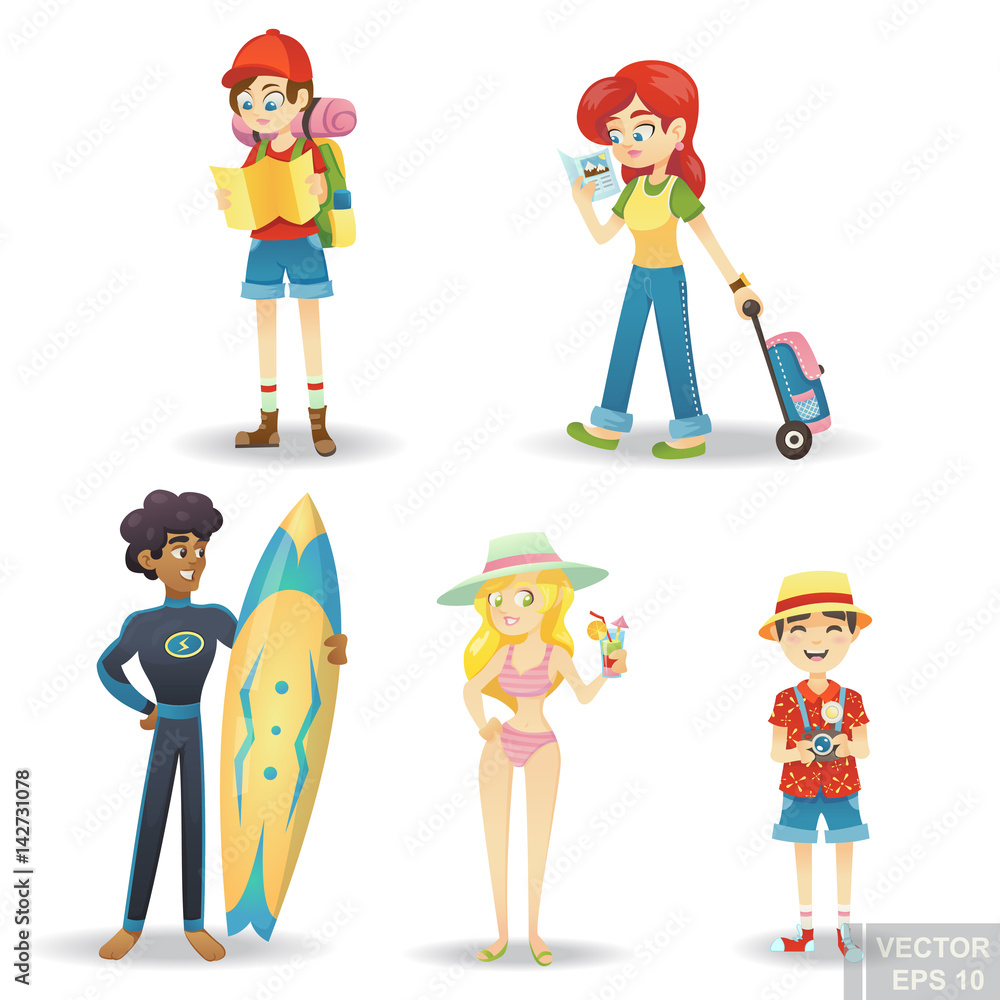 Traveling cartoon character. Happy world travel Set of people on vacation  Leisure and recreation Stock Vector | Adobe Stock