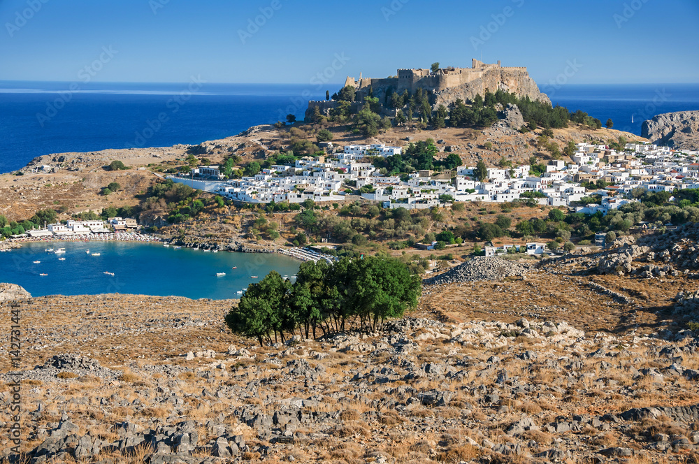 Lindos with the castle above on the Greek Island of Rhodes