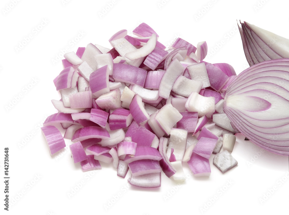 Finely sliced red onions or shallots isolated on white background Stock