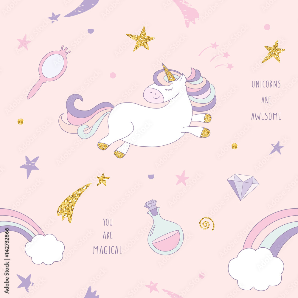 Unicorn magic seamless pattern background with rainbow, stars and diamonds on pastel pink. For print and web. Unicorn magic seamless pattern background with rainbow, stars and diamonds on pastel pink. For print and web.