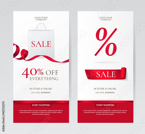 Set of elegant vertical banners with paper shopping bag and red ribbons. Vector templates for discounts offers on the website. Isolated from the background.