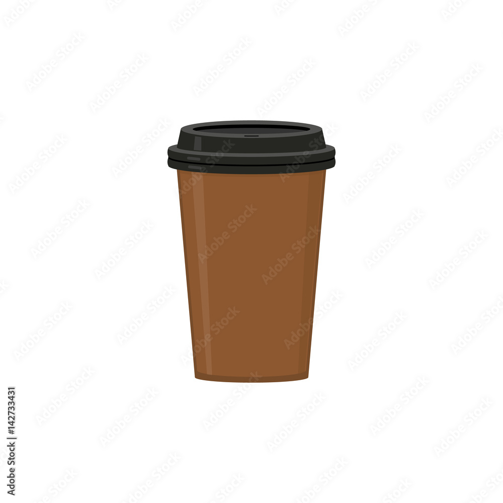 Brown cup with black lid. For coffee, espresso, latte, cappuccino. Abstract concept. Vector illustration on white background. Brown cup with black lid. For coffee, espresso, latte, cappuccino. Abstract concept. Vector illustration on white background.
