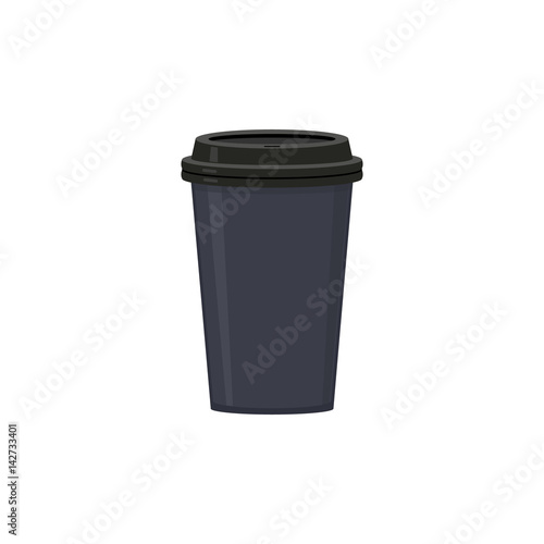 Deep blue cup with black lid. For coffee, espresso, latte, cappuccino. Abstract concept. Vector illustration on white background.
