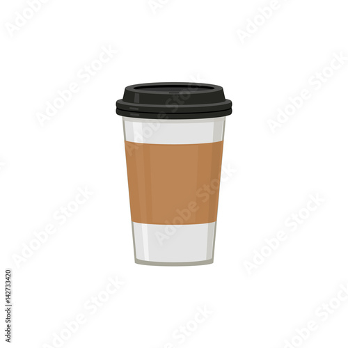 Cup with black lid. For coffee, espresso, latte, cappuccino. Abstract concept. Vector illustration on white background.