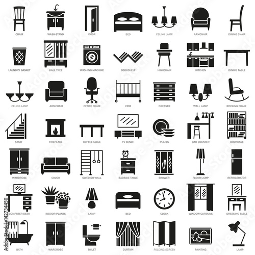 Room furniture silhouette icons set