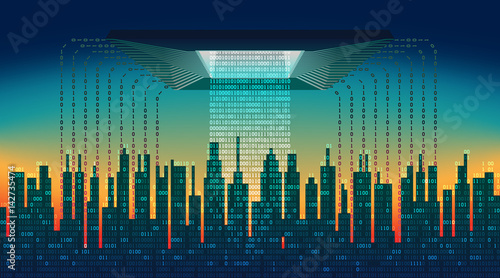 The digital city. The main chip controls the flow of information in the abstract city, high-tech background, cloud service