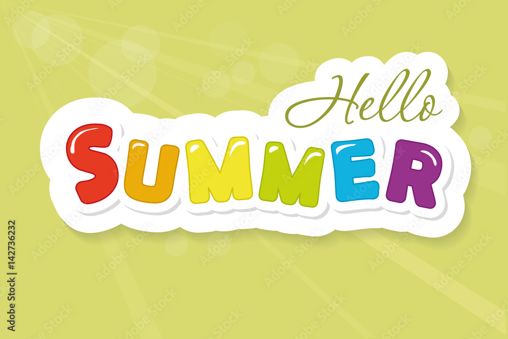 Hello summer colorful cutout letters on blurred sunny background. Festive banner.