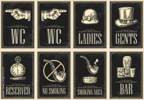 Set signboard. Pointing finger. Toilet grunge poster for ladies, cents.