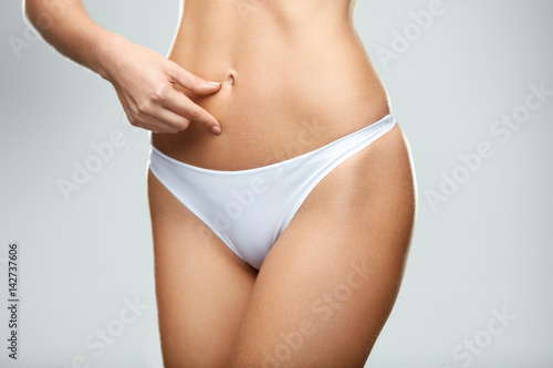 Hot Slim Woman Body In White Panties Pinching Abdomen. Fitness