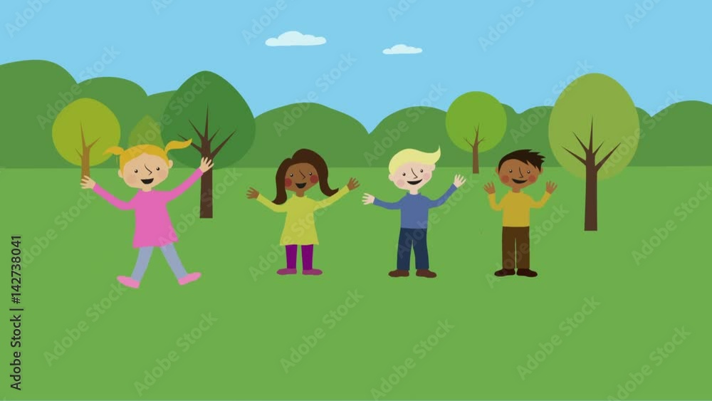 Children having fun in park. Animated character with flat design. Concept of childhood friends and playing outdoors. Children having fun in park. Animated character with flat design. Concept of childhood friends and playing outdoors.