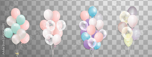 Bunches and groups of colorful helium balloons isolated on transparent background. Frosted party balloon for event design. Party decorations for birthday, anniversary, celebration.