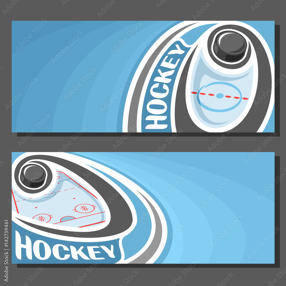Fototapeta premium Vector banners for Ice Hockey game: hockey puck on curve trajectory flying above sports ice rink, 2 template tickets to winter sporting tournament with empty for title text on blue abstract background