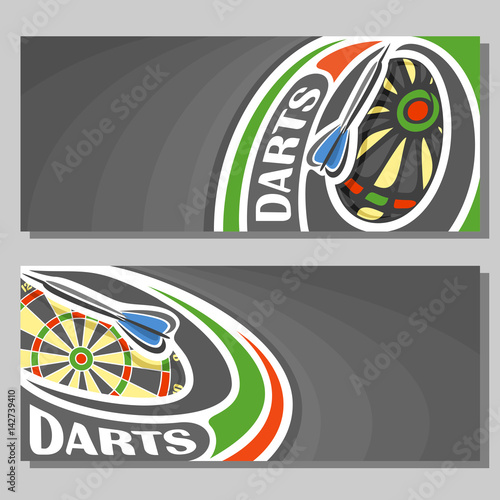 Vector banners for Darts game: thrown darts arrow on curve trajectory flying in dartboard target, 2 template tickets to sporting tournament with empty field for title text on black abstract background