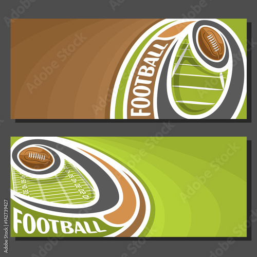 Vector banners for American Football game: thrown football ball on curve trajectory flying above sports field, 2 tickets to sporting tournament with empty for title text on brown abstract background.