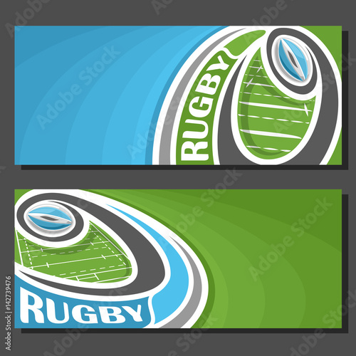 Vector banners for Rugby game: thrown blue rugby ball on curve trajectory flying above sports field, 2 template tickets to sporting tournament with empty for title text on green abstract background.