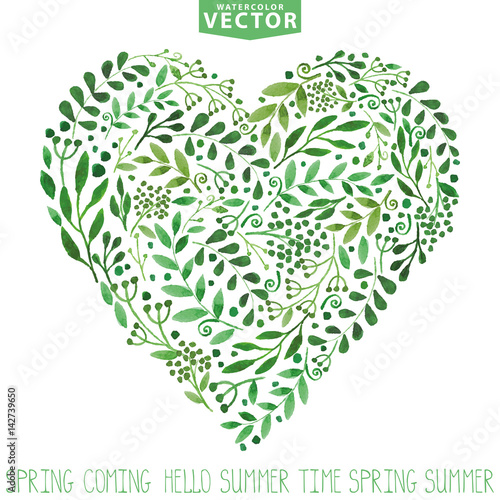 Watercolor .Green branches heart composition.Background