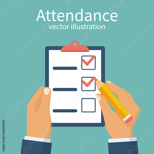 Attendance concept. Businessman holding checklist and pencil. Questionnaire, survey, clipboard, task list. Filling out forms, planning. Vector illustration flat design. Isolated on background.