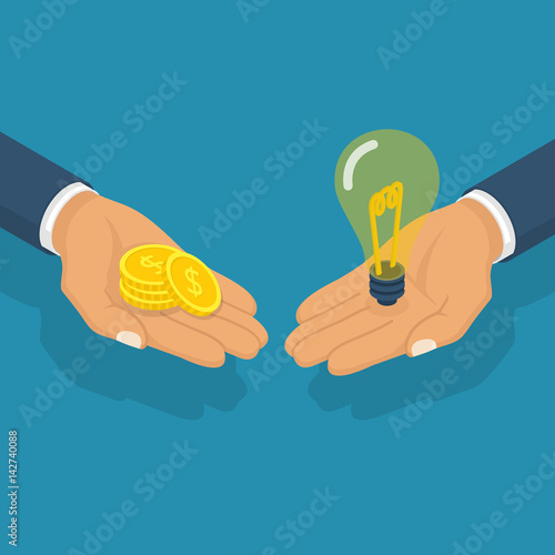 Buy idea. Idea trading. Business transaction light bulb symbol of innovation, money hold hand. Crowdfunding concept. Investment. Cost of innovations. Vector isometric design. Isolated on background.