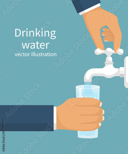 Man opens a water tap with his hand holding a glass. Kitchen faucet. Glass of clean water. Vector illustration flat design. Isolated on background. Filling cup beverage. Pouring fresh drink.