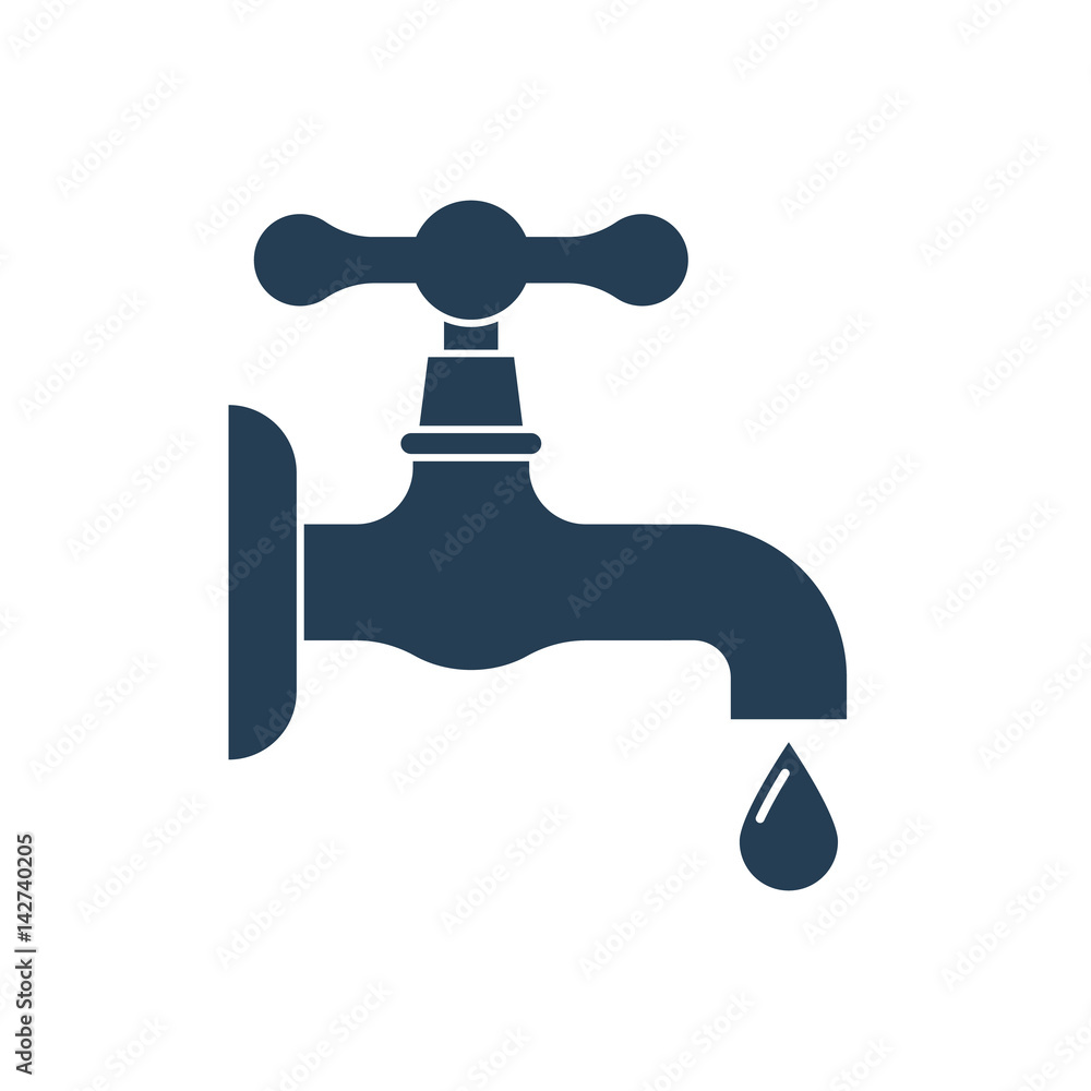 Water tap with falling drop. Black icon isolated on white background. Vector illustration flat design. Classical old valve. Water tap with falling drop. Black icon isolated on white background. Vector illustration flat design. Classical old valve.