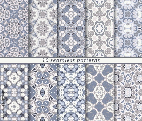 Ten seamless patterns in Oriental style. Eastern ornaments for design fabric, wrapping paper or scrapbooking. Vector illustration in brown colors.