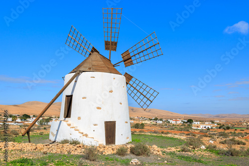 Old windmill in countryside landscape of Llanos de la Concepcion village, Fuerteventura, Canary Islands, Spain