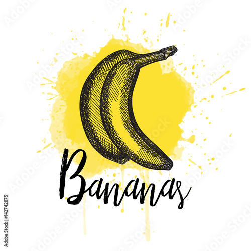 Vector illustration of a banana in hand drawn graphics depicted on a yellow background