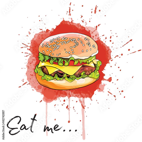 Vector illustration of a cartoon fast food cheeseburger. Burgers design for web with red background