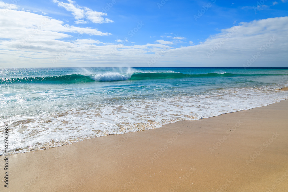 Ocean wave water on beautiful Jandia beach, Morro Jable, Fuerteventura, Canary Islands, Spain