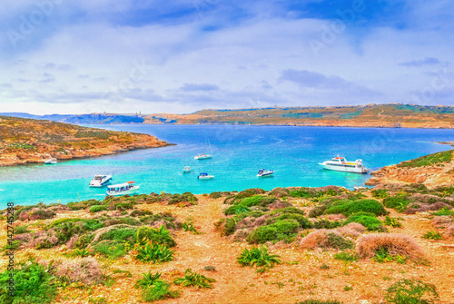 Beautiful view over the famous Blue Lagoon in Comino island in summer, attraction ireland of Malta