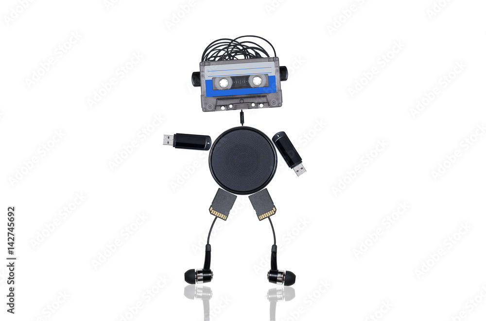 the robot consists of audio tapes and multiple gadgets isolated on white background the robot consists of audio tapes and multiple gadgets isolated on white background
