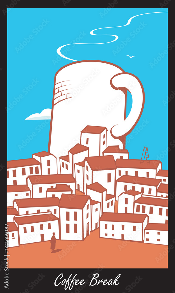 Fototapeta premium Scene with a big cup of coffee in town with inscriptions Coffee break in retro style